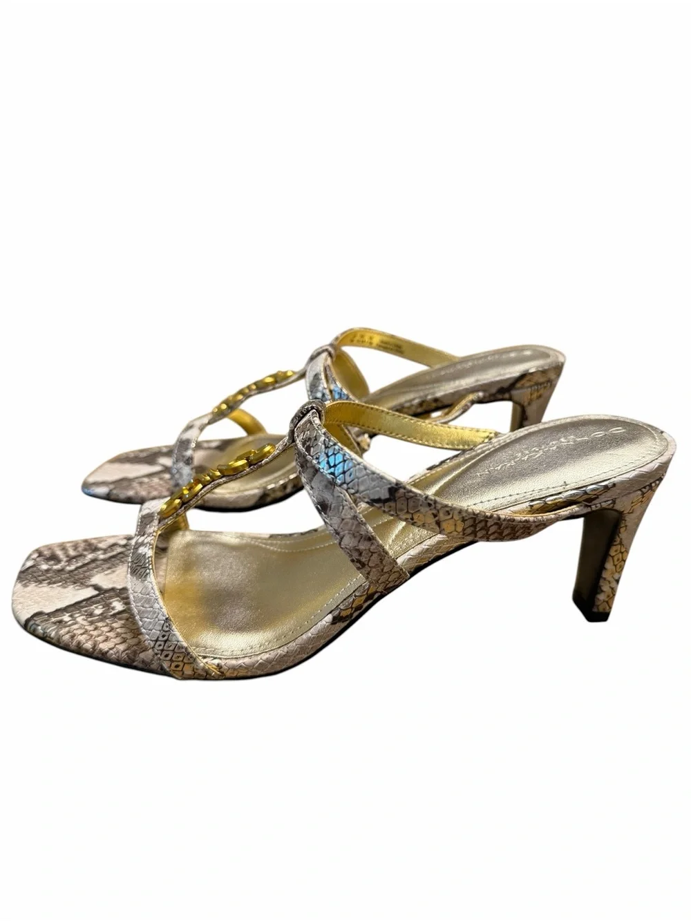 Donna Karan NY Snake Print Leather Gold Chain Mule Heels Sandals Size 8 NWOB